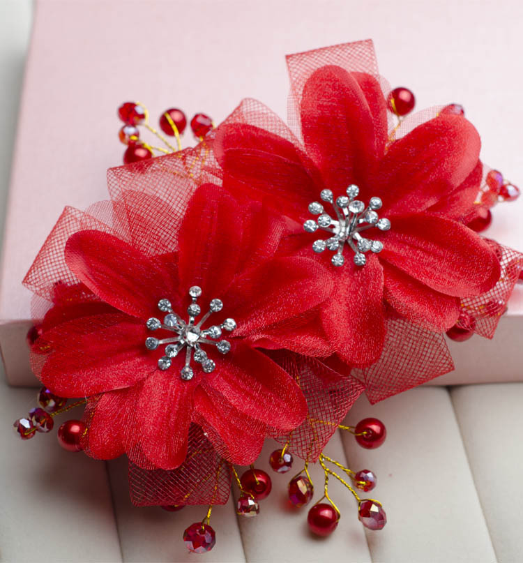 新娘头花红色韩式花朵手工串珠绢纱头饰结婚白色大花朵婚纱配饰