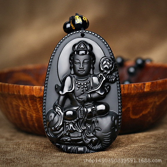 天然a货黑曜石吊坠普贤菩萨 男女款项链生肖属龙属蛇本命佛守护神