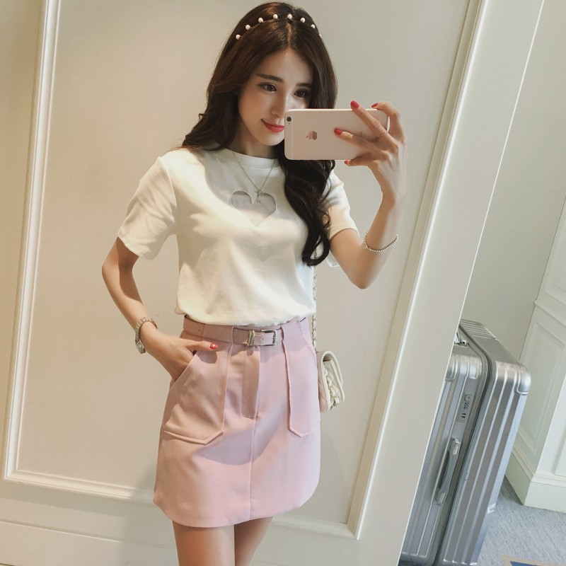 703 夏季新款镂空透明心形t恤 纯色短裙(配皮带)