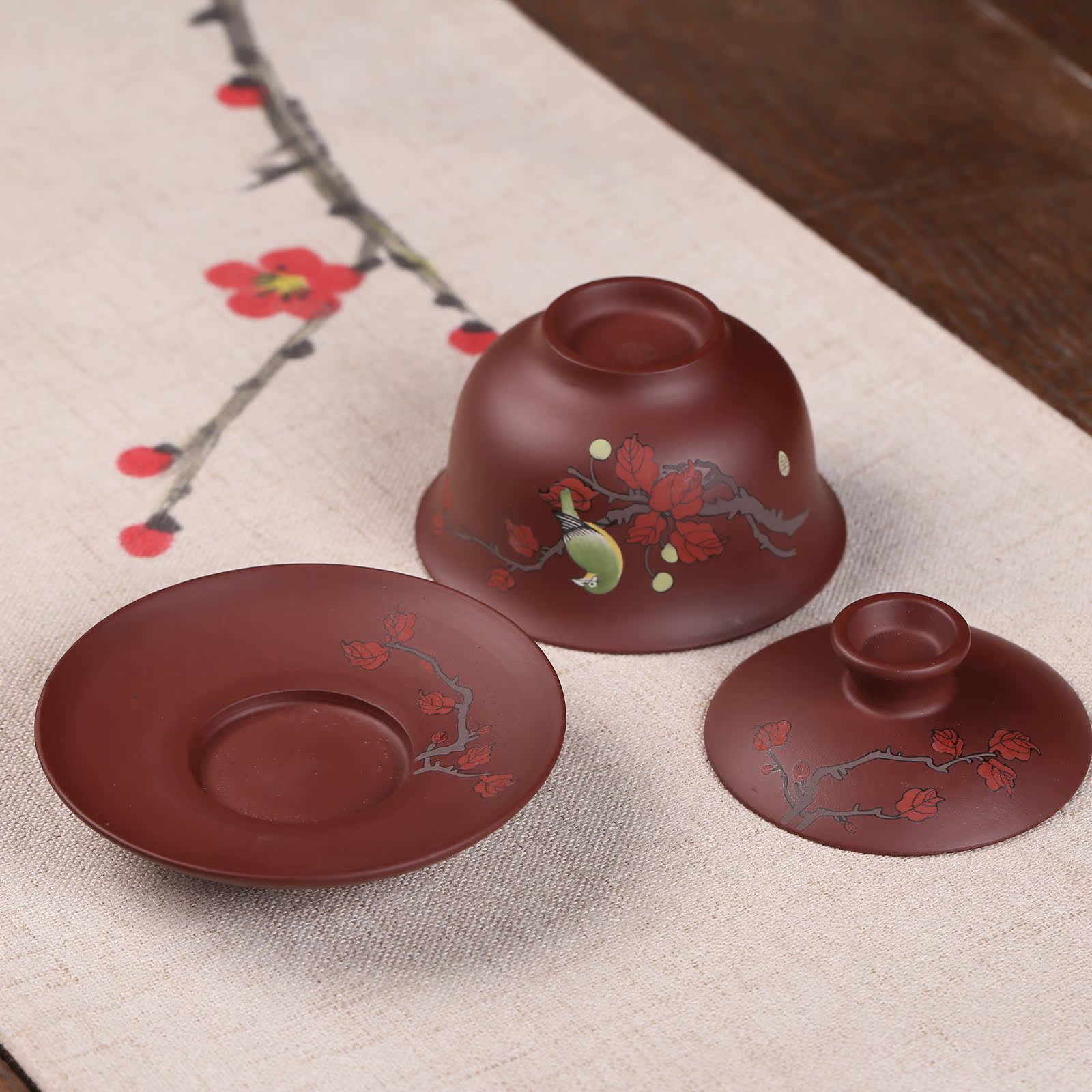 宜兴正宗紫砂全手工墨绘盖碗 正品原矿紫砂茶具 新品 一件代发