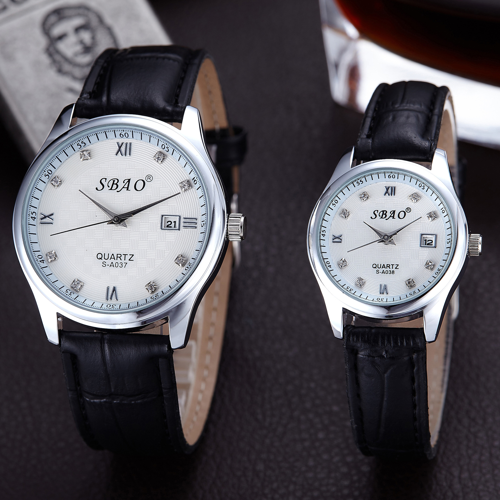 品牌双宝手表棕色皮带男士手表时尚情侣对表 font color=red>镶钻 