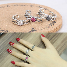 韩国韩版复古做旧黑玛瑙红钢玉石链条缕空戒指指环批发
