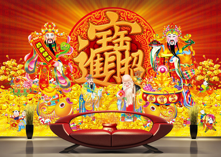客厅电视背景墙瓷砖抛光砖水晶面中式豪宅吉祥文化福星高照壁画