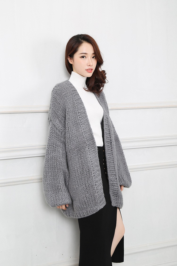 2016秋冬新款oversize加厚中长款粗棒针羊毛手工毛衣女外套开衫