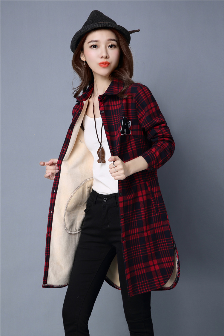 一件代发 加绒格子长袖中长款衬衫女 宽松秋冬女装保暖女士衬衣