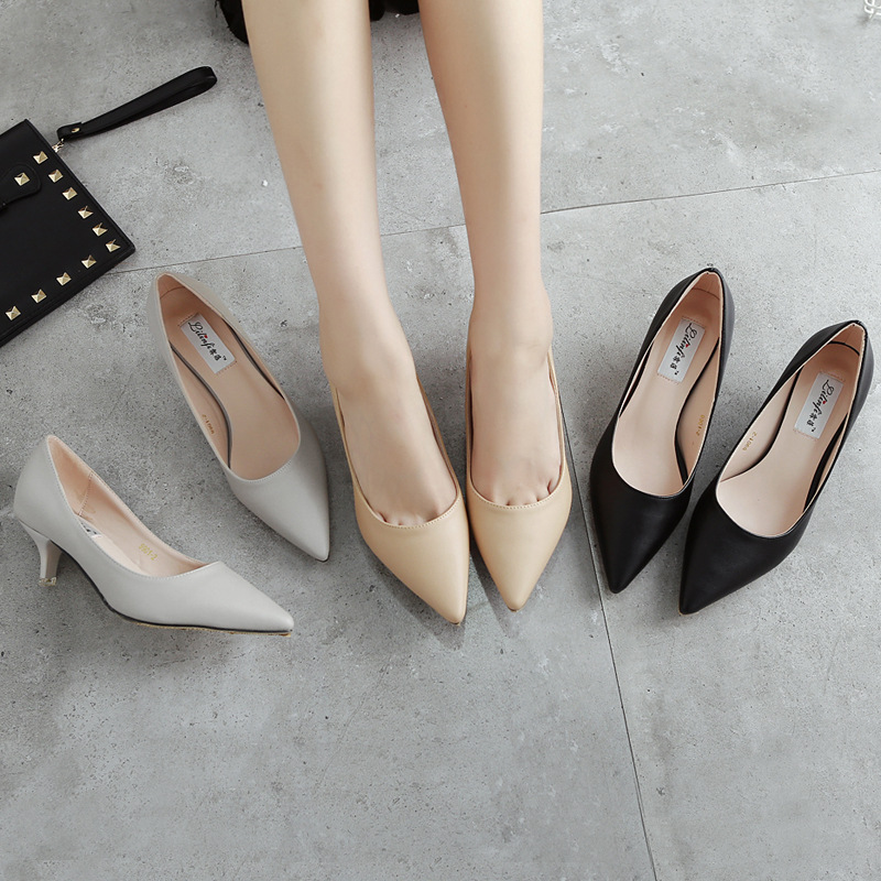 简约ol尖头细跟中跟工作鞋纯色浅口通勤款小码单鞋 一件代发