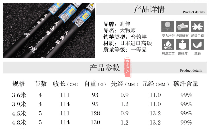 4米153g高碳台钓竿 台钓杆鱼竿渔具 产品类别 台钓竿 品牌 迪佳 材质