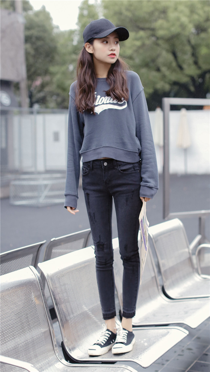 厂家直销秋季新品手工磨破须边牛仔铅笔裤韩版修身小清新小脚裤女