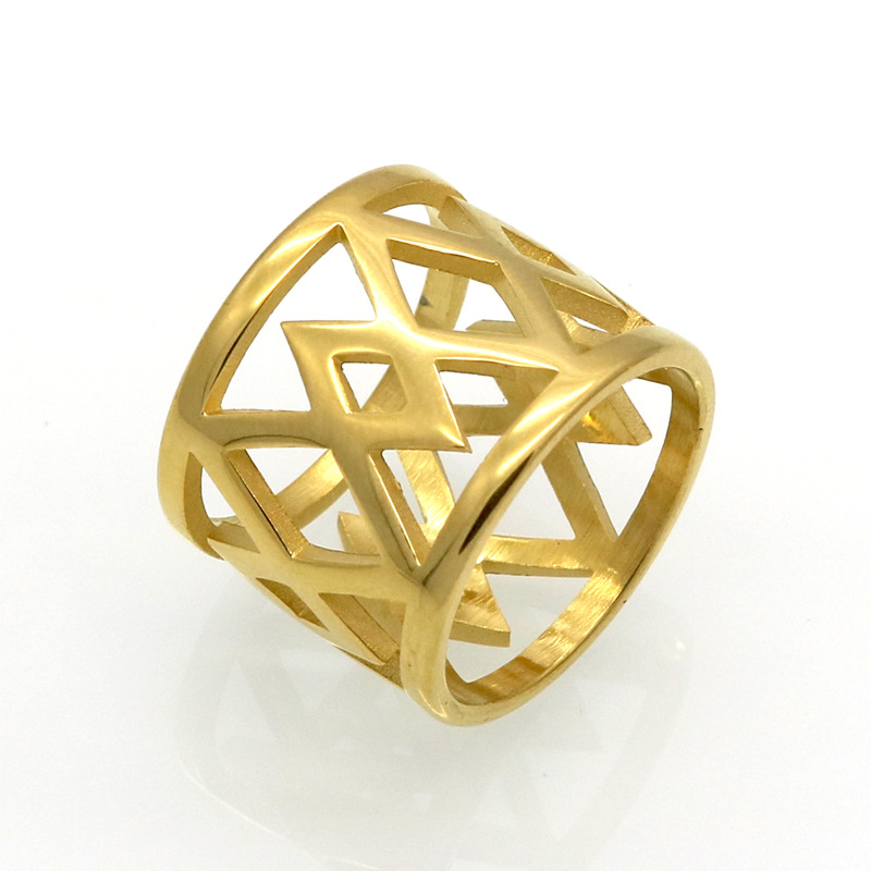 韩版简约时尚 个性几何图形大小平行四边形镂空 真空电镀钛钢戒指