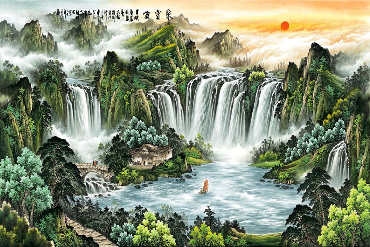 44-580国画字画聚宝盆山水画 旭日东升 装饰画高仿真画芯批发定制
