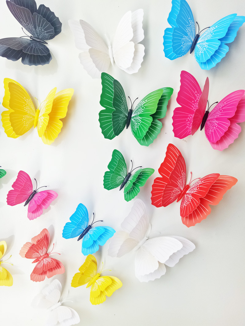 奥弗七色系双层 蝴蝶墙贴 3d仿真12只装蝴蝶 8cm 4只 12cm 8只