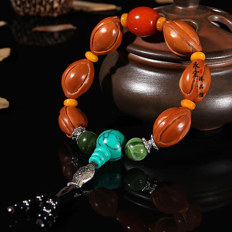 橄榄核雕素珠招财进宝绿松石手串 浮雕老油核手链 文玩工艺饰品