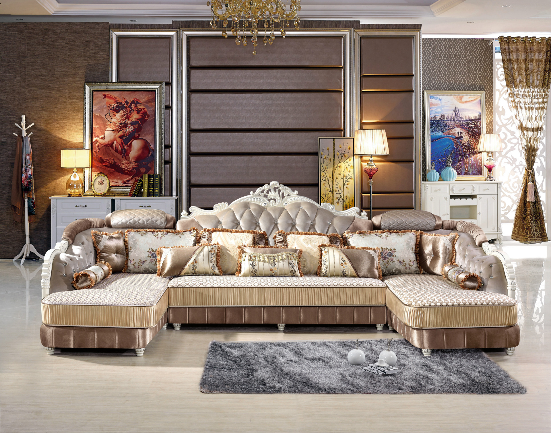 欧式布艺沙发组合 高档雕花双贵妃u型沙发 可拆洗客厅转角布沙发