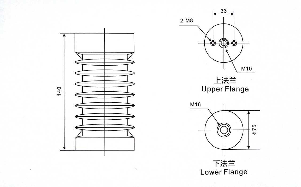 42kv 5min;雷电冲击耐受电压(峰值):75kv; 4,绝缘子的外形及安装尺寸