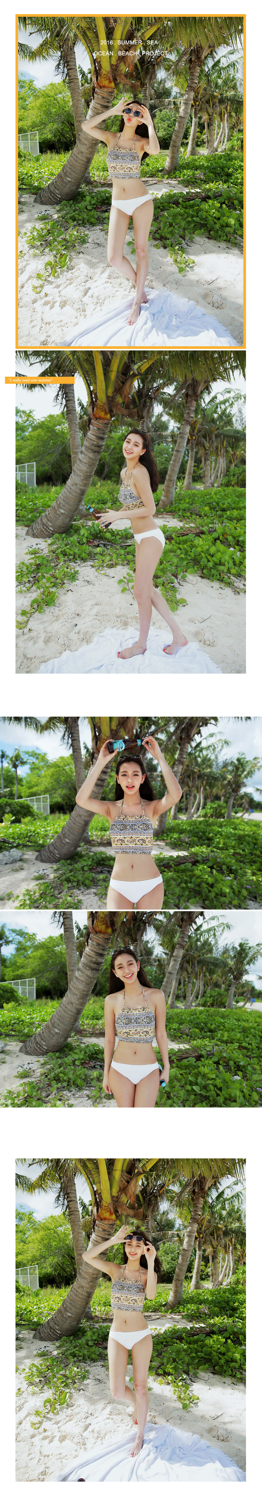 韩国2016新款复古图案比基尼分体泳衣女