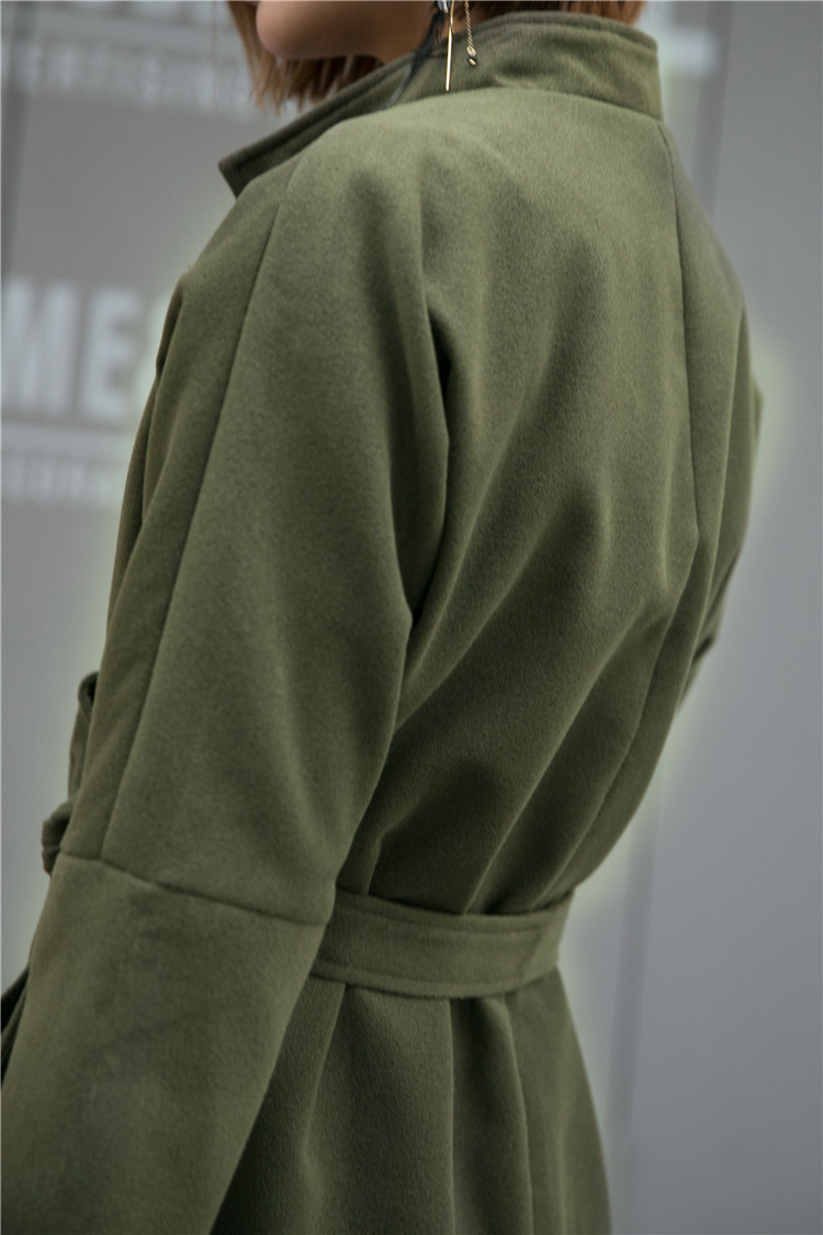 原创军绿墨绿色中长款羊毛呢系带大风衣高瘦