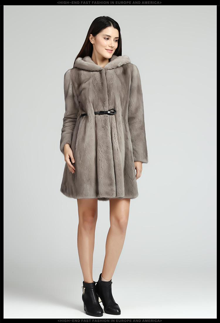 丹麦进口天鹅绒银蓝十字貂带帽长款貂皮大衣女款皮草外套