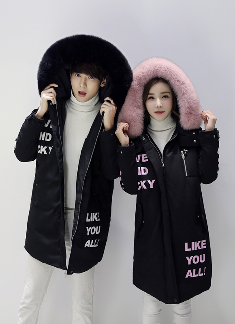 2016新款冬装韩版狐狸毛领中长款情侣装羽绒服男女平湖批发代发