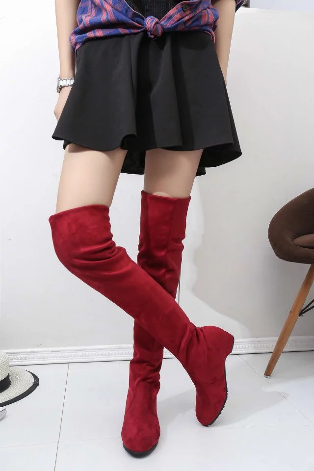 2016秋冬款女红色粗跟过膝长靴低跟磨砂