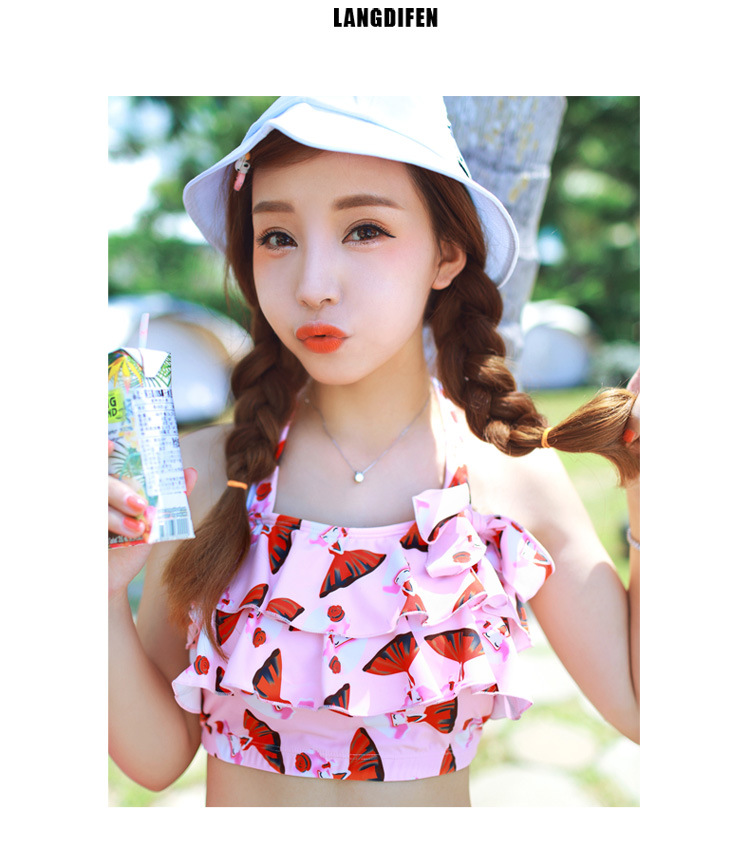 2016泳衣女小胸钢托荷叶边分体游泳衣显