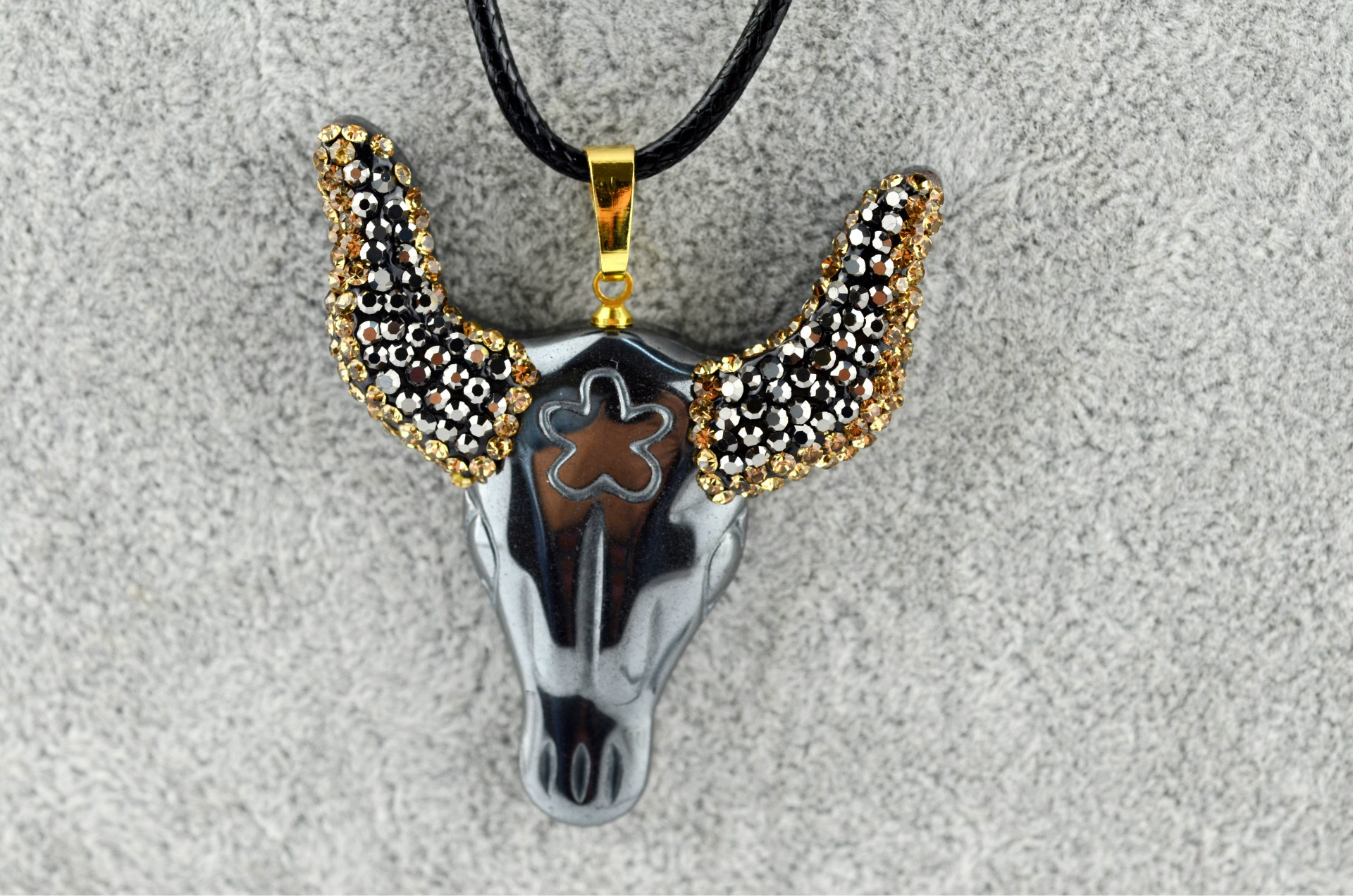 天然黑胆牛头吊坠 点钻牛头 牛角 项链 欧美时尚饰品
