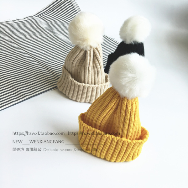 Autumn and Winter Children's Thickened Candy Color Woolen Hats with Woolen Balls Korean Warm Knitted Earflaps Cap Boys and Girls Baby Pullover