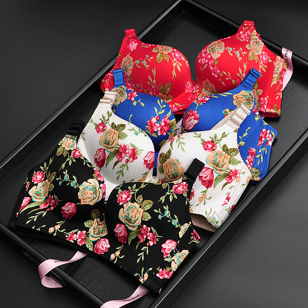 无钢圈拉丝一片式蔷薇玫瑰花聚拢印花四排扣文胸套装舒适按摩内衣