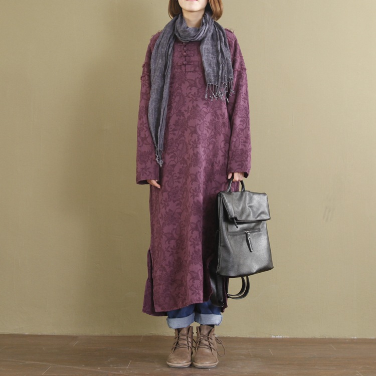 2017春季新款 棉麻原创毛边盘扣复古长袍连衣裙