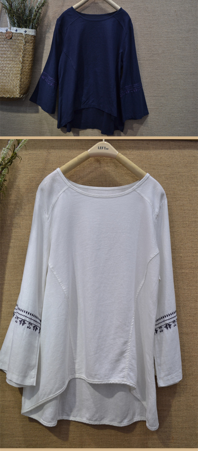 外贸女装原单尾货 纯色刺绣九分袖t恤 文