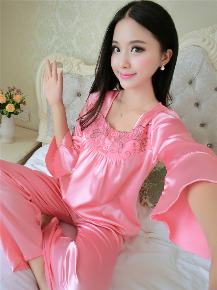2016新款春夏季长袖仿真丝睡衣套装女士