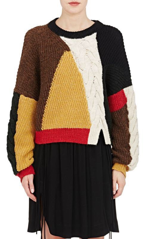 2016秋冬新款欧美大牌明星同款宽松不规则拼色毛衣针织衫女