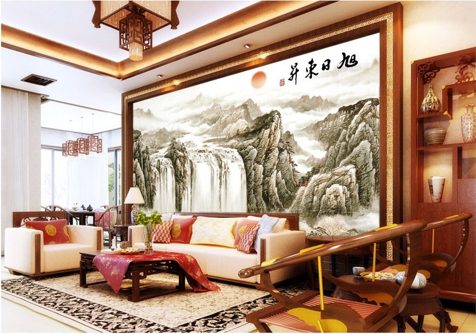 高清旭日东升山水画彩雕电视背景墙装饰画