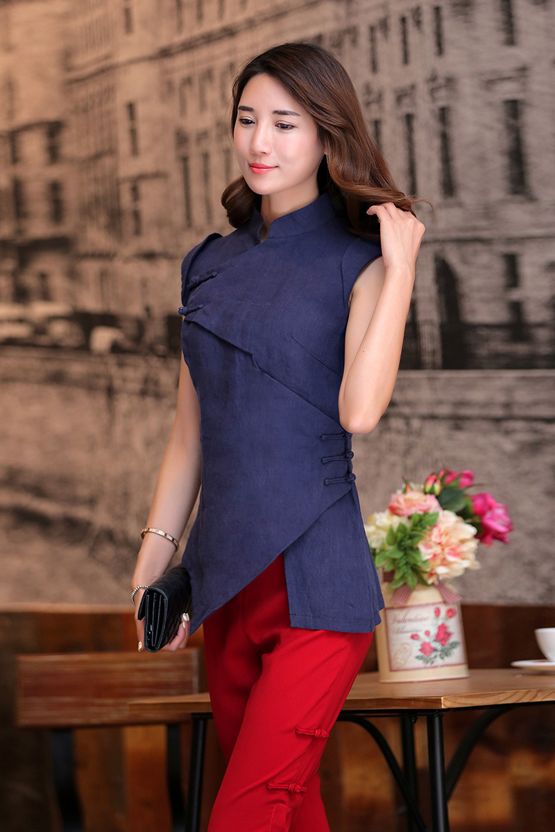 女装夏季民族风立领盘扣时尚不规则改良复古唐装棉麻修身中式上衣