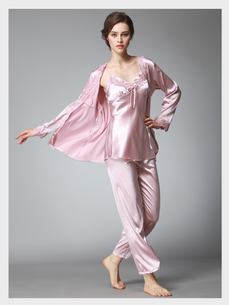 真丝女装睡衣秋季女士长袖三件套外贸原单家