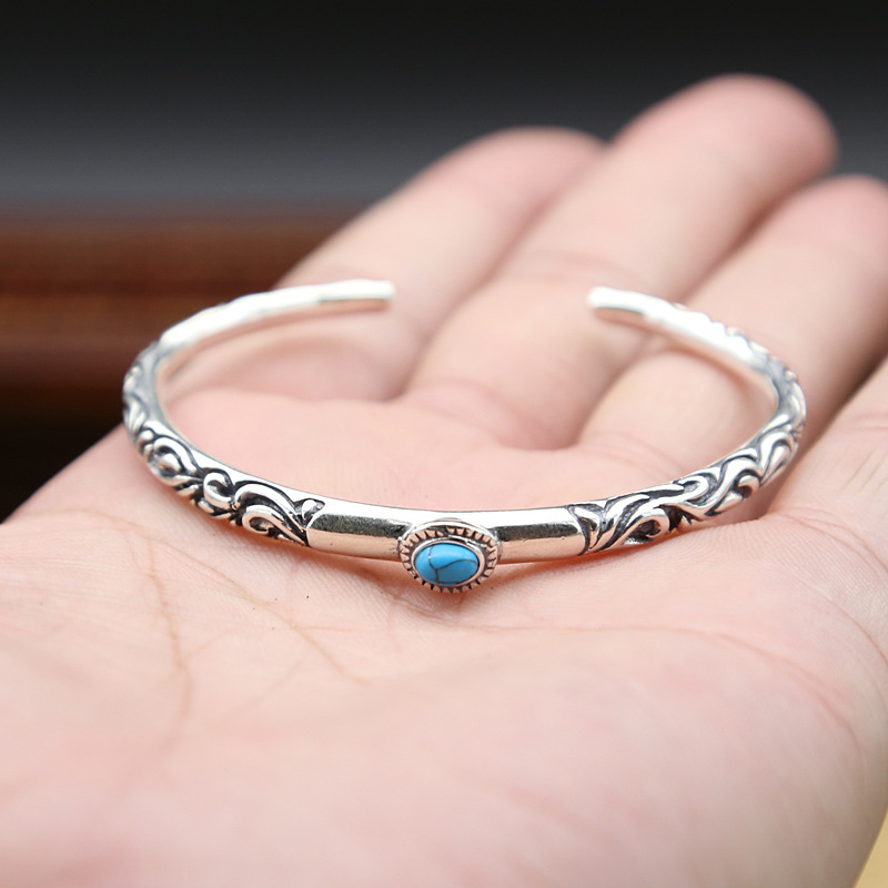 批发s925纯银饰品 复古泰银女款镯子简约镶嵌松石唐草纹开口手镯