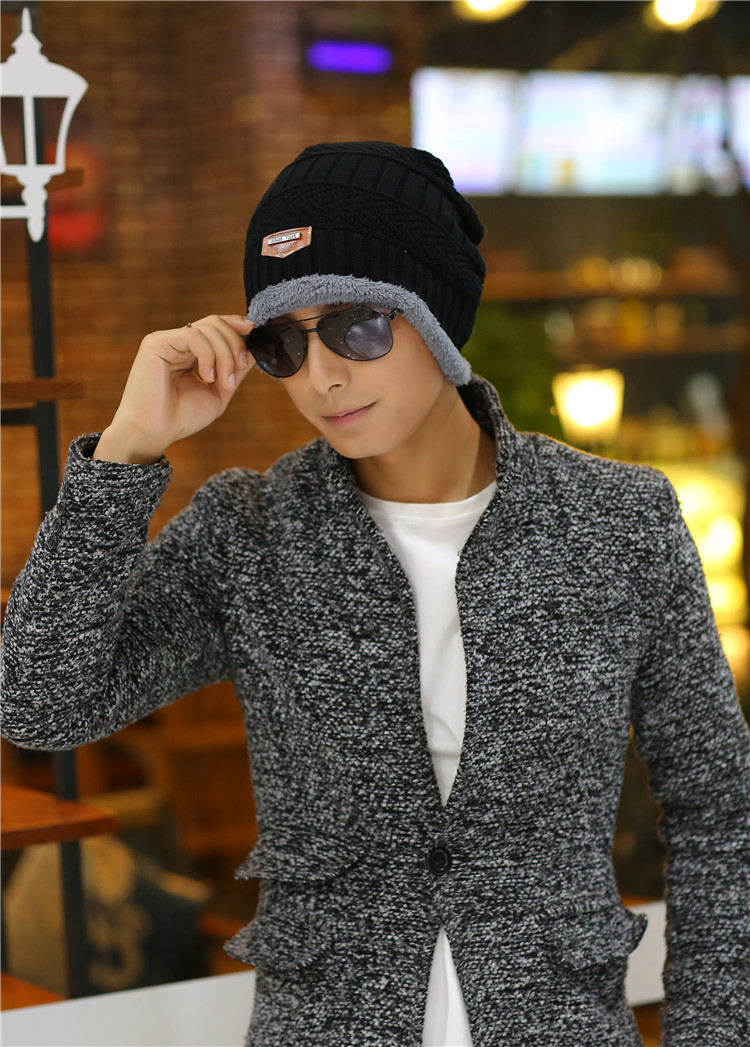 【针织帽男】冬季韩版毛线帽 加绒保暖针织帽套头帽男 男士围脖帽子潮