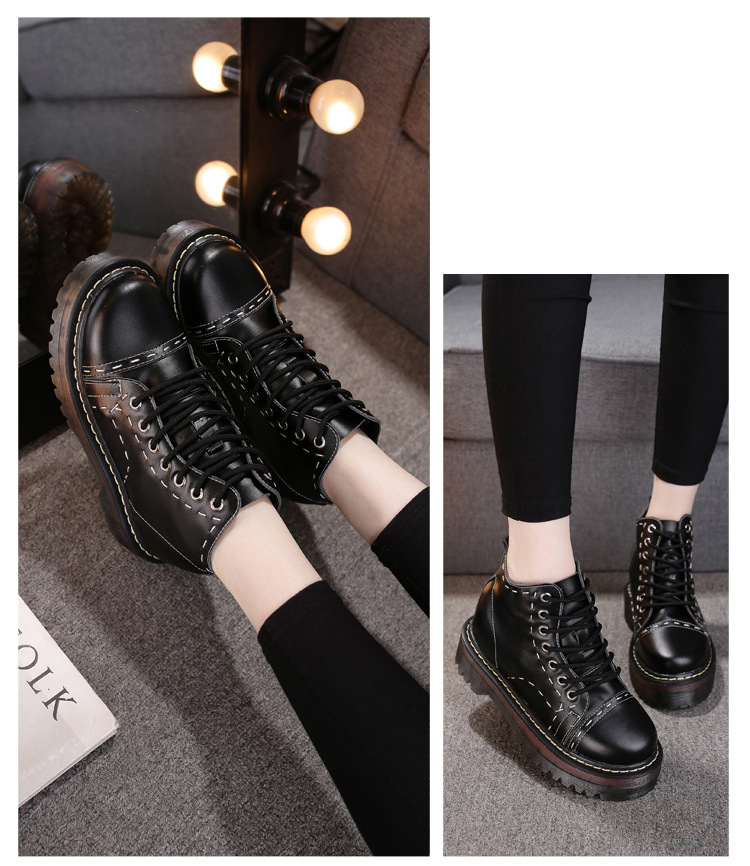 秋冬新款厚底内增高马丁靴女英伦圆头系带松糕短靴骑士靴机车靴潮