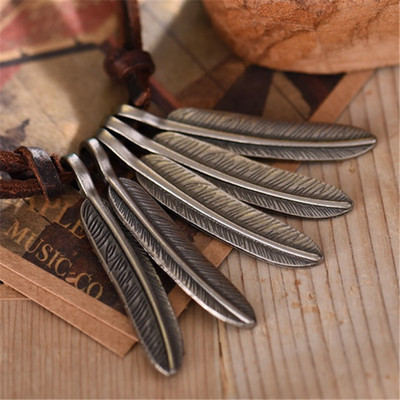 复古欧美 情侣男女款 纯牛皮绳树叶羽毛可调节长短项链 毛衣链