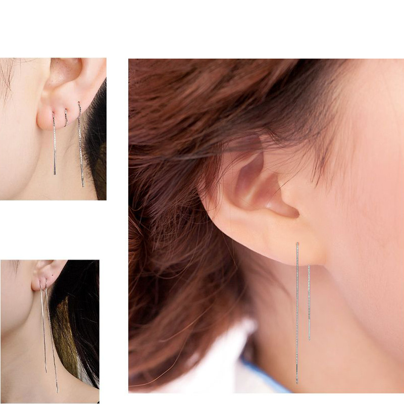 双针耳线直线耳坠 银首饰潮流 时尚耳坠女士 长款流苏耳线
