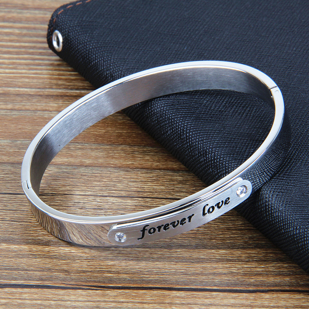 复古情侣款钛钢手镯锆石英文字母forever love永恒的爱不锈钢手镯
