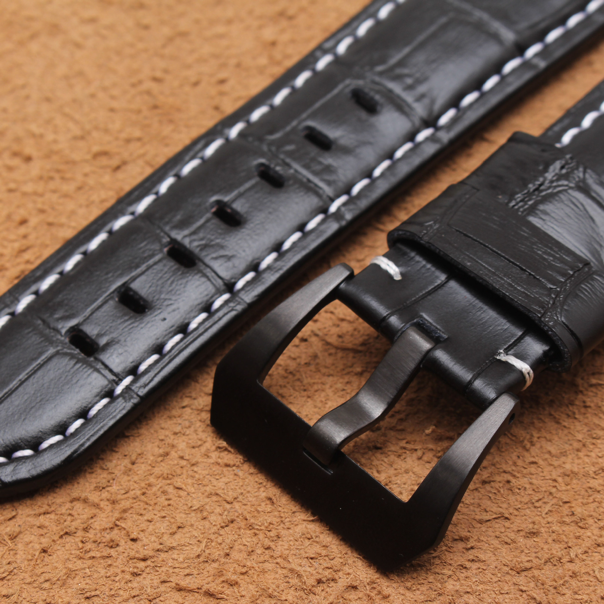 鸿空沛纳表带意大利进口真皮手表带鳄纹牛皮男士 黑色白线24|22