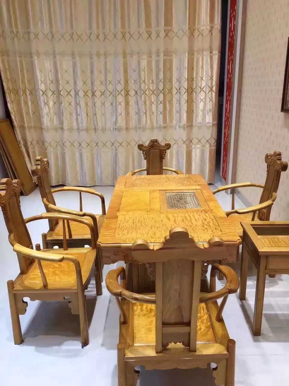 正宗天然川料大叶金丝楠满水波纹茶桌7件套 红木家具 保真无贴皮