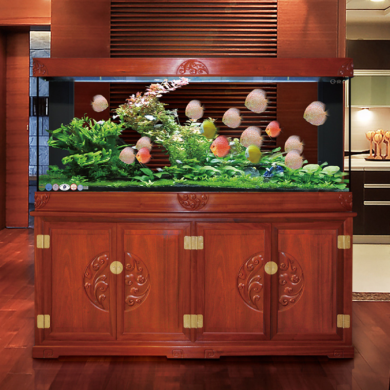 亮点水族红花梨祥云柜式水族箱生态超白玻璃中大型底滤红木鱼缸