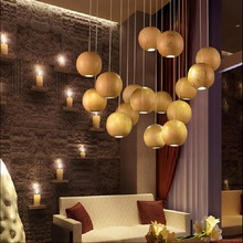 球形木头复古吊灯 创意客厅咖啡厅原木灯饰 吧台LED别墅装饰吊灯