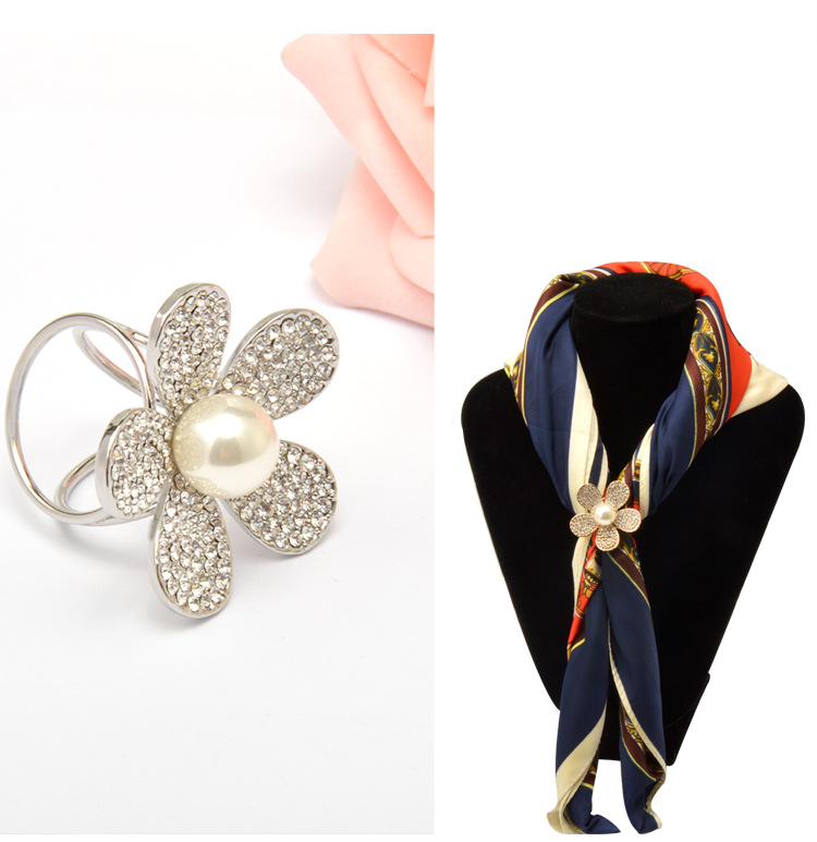 2017韩版时尚高档珍珠镶钻花朵披肩扣围巾扣三环丝巾扣批发定做