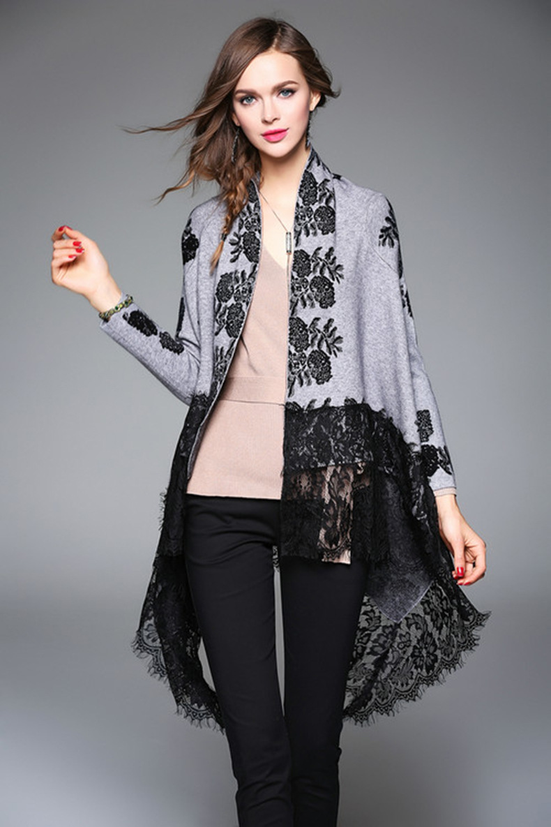 欧美时尚蕾丝拼接长袖宽松休闲大码披肩外套