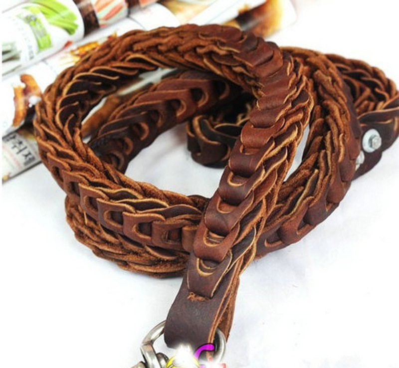 生产加工 头层牛皮狗链牵引绳 真皮手工编织出口牛皮狗绳宠物用品
