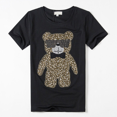 2016夏装新款女t恤手工镶钻卡通可爱熊图案圆领修身短袖衫高质量