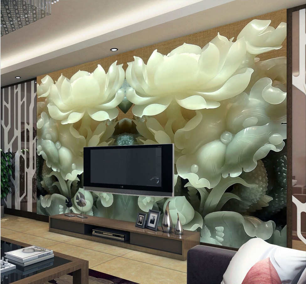 高清玉雕荷花壁画电视背景墙 立体3d 室内装饰画 壁画 浮雕 荷花