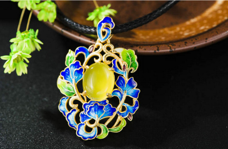 泰可泰 景泰蓝吊坠 镀金925银镶嵌黄玛瑙 ,玉髓饰品厂家批发